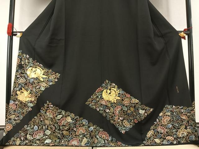 平和屋着物●豪華黒留袖 中国三大刺繍 汕頭刺繍 スワトウ刺繍 相良刺繍 蘇州刺繍 総刺繍 駒刺繍 花鳥文 金糸 正絹 逸品 AABK1157fy