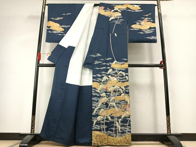 平和屋着物●訪問着 駒刺繍 扇面枝松文 金彩 正絹 逸品 AABK1171fy