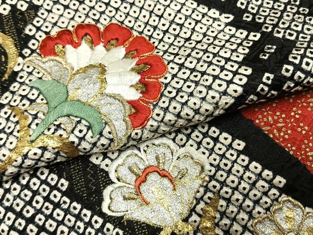 平和屋着物●豪華振袖 総絞り 駒刺繍 花唐草文 金糸 金銀彩 正絹 逸品 AABK1175fy