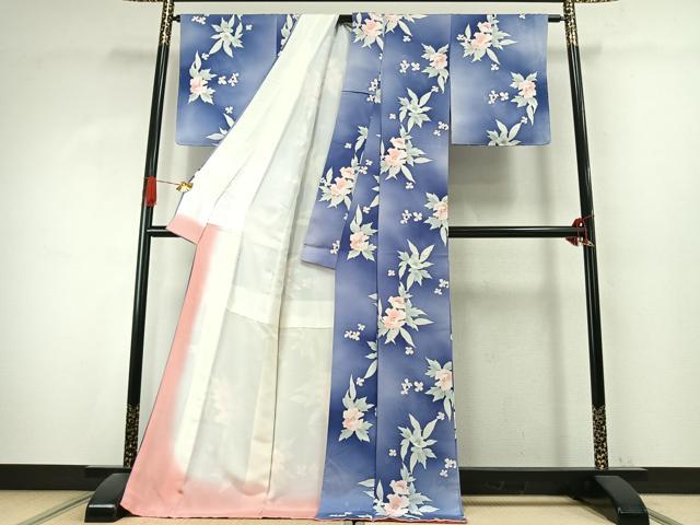 平和屋着物●上質な小紋 地紋起こし 草花文 暈し染め ロング丈 正絹 逸品 未使用 AABK1187fy