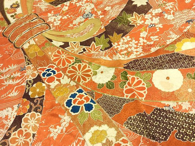 平和屋着物●豪華振袖 駒刺繍 束ね熨斗花文 金彩 正絹 逸品 AABK1193fy