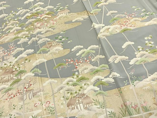 平和屋着物●訪問着 駒刺繍 松竹梅 風景文 金彩 ロング丈 正絹 逸品 AABK1197fy