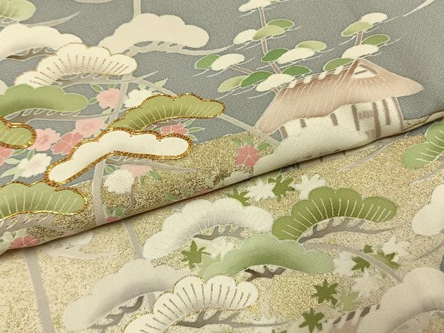 平和屋着物●訪問着 駒刺繍 松竹梅 風景文 金彩 ロング丈 正絹 逸品 AABK1197fy