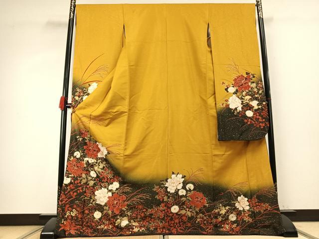 平和屋着物●豪華振袖 草花文 暈し染め 金彩 金通し地 正絹 逸品 AABK1200fy