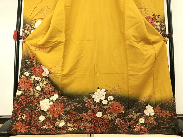 平和屋着物●豪華振袖 草花文 暈し染め 金彩 金通し地 正絹 逸品 AABK1200fy