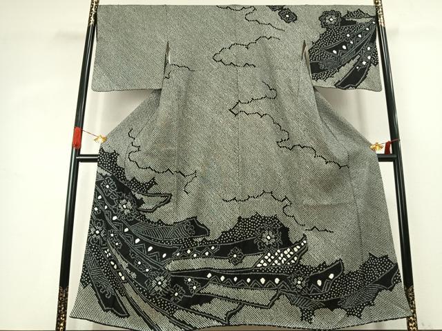 平和屋着物●訪問着 総絞り 熨斗花文 黒地 正絹 逸品 AABK1209fy