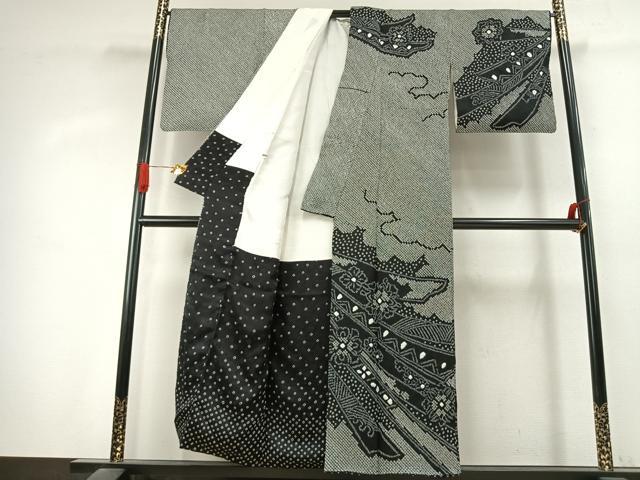平和屋着物●訪問着 総絞り 熨斗花文 黒地 正絹 逸品 AABK1209fy