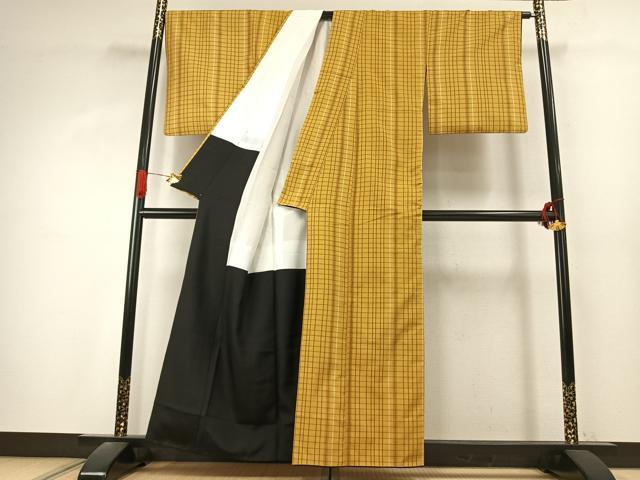 平和屋着物●黄八丈 紬 綾織 格子 正絹 逸品 AABK1228fy