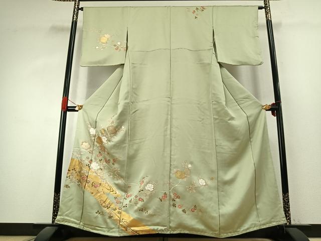 平和屋着物●訪問着 駒刺繍 枝花文 金銀彩 正絹 逸品 AABK1233fy
