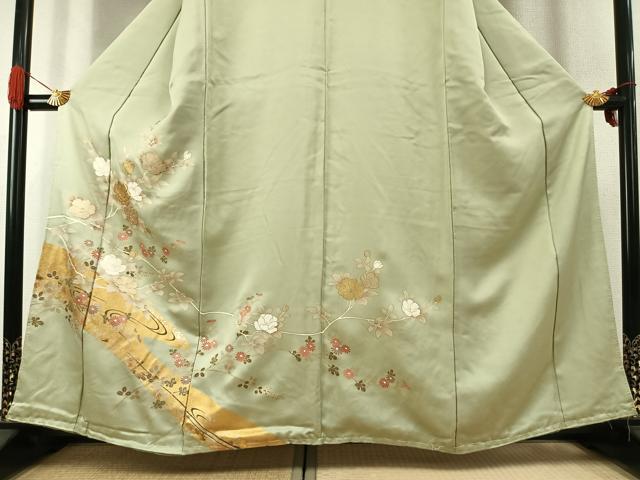 平和屋着物●訪問着 駒刺繍 枝花文 金銀彩 正絹 逸品 AABK1233fy