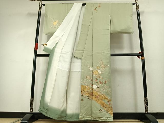 平和屋着物●訪問着 駒刺繍 枝花文 金銀彩 正絹 逸品 AABK1233fy