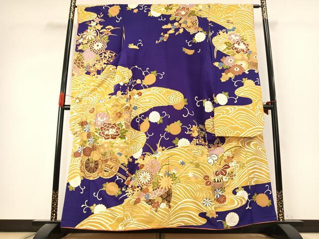 平和屋着物●豪華振袖 駒刺繍 片輪車花文 正絹 逸品 AABK1235fy