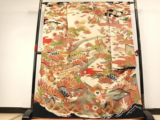 平和屋本店●アンティーク 大正ロマン 振袖 駒刺繍 松竹梅 暈し染め 金糸 金銀彩 正絹 逸品 AABK1243fy