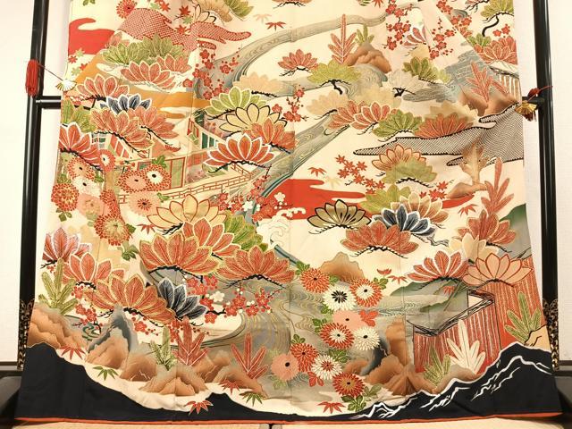 平和屋本店●アンティーク 大正ロマン 振袖 駒刺繍 松竹梅 暈し染め 金糸 金銀彩 正絹 逸品 AABK1243fy
