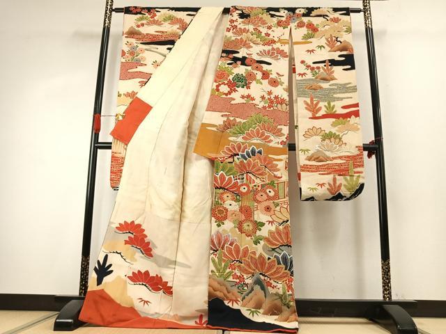 平和屋本店●アンティーク 大正ロマン 振袖 駒刺繍 松竹梅 暈し染め 金糸 金銀彩 正絹 逸品 AABK1243fy