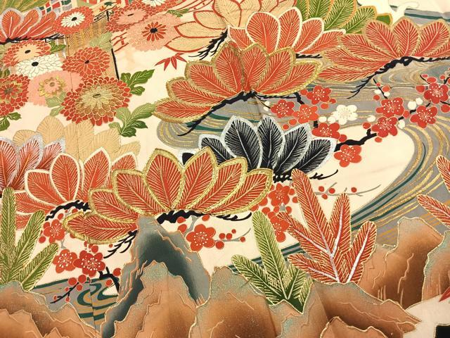 平和屋本店●アンティーク 大正ロマン 振袖 駒刺繍 松竹梅 暈し染め 金糸 金銀彩 正絹 逸品 AABK1243fy