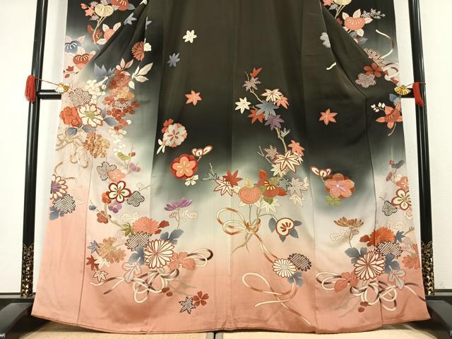 平和屋本店●アンティーク 大正ロマン 振袖 駒刺繍 草花文 暈し染め 金糸 金彩 正絹 逸品 AABK1245fy