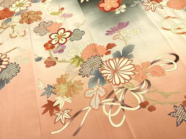 平和屋本店●アンティーク 大正ロマン 振袖 駒刺繍 草花文 暈し染め 金糸 金彩 正絹 逸品 AABK1245fy