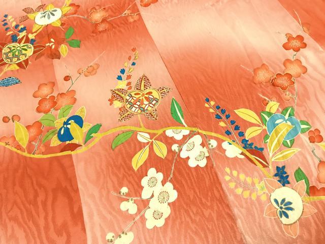 平和屋本店●アンティーク 大正ロマン 訪問着 枝花文 暈し染め 金糸 金彩 正絹 逸品 AABK1246fy