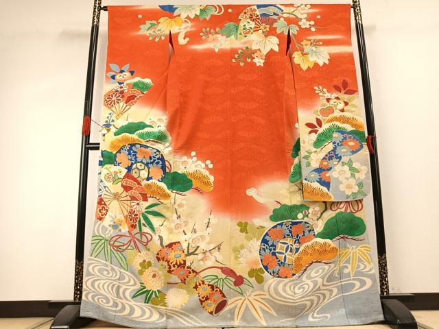 平和屋本店●アンティーク 大正ロマン 振袖 駒刺繍 松竹梅 暈し染め 金糸 正絹 逸品 AABK1248fy