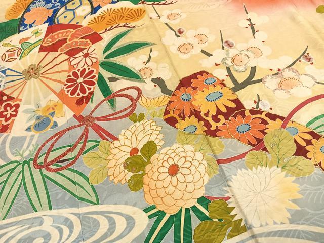 平和屋本店●アンティーク 大正ロマン 振袖 駒刺繍 松竹梅 暈し染め 金糸 正絹 逸品 AABK1248fy