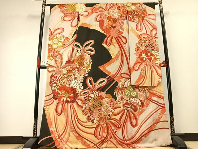 平和屋本店●アンティーク 大正ロマン 振袖 駒刺繍 草花文 金糸 金銀彩 正絹 逸品 AABK1249fy