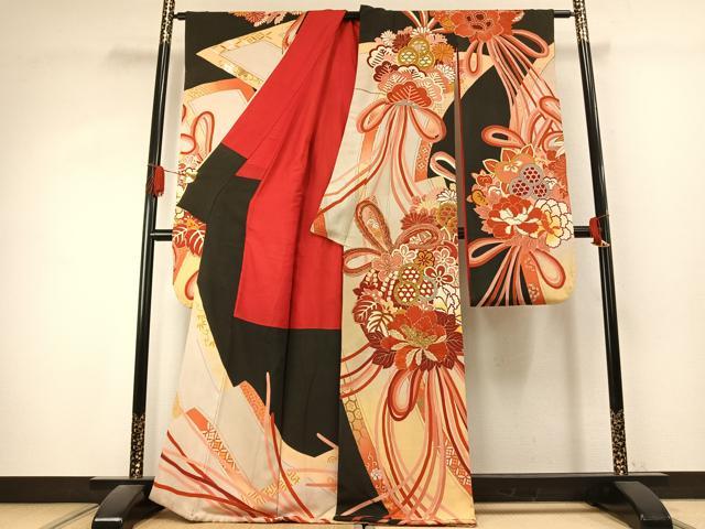 平和屋本店●アンティーク 大正ロマン 振袖 駒刺繍 草花文 金糸 金銀彩 正絹 逸品 AABK1249fy