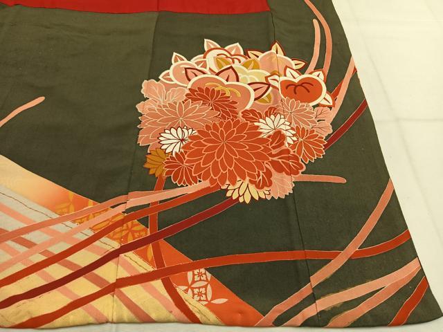 平和屋本店●アンティーク 大正ロマン 振袖 駒刺繍 草花文 金糸 金銀彩 正絹 逸品 AABK1249fy