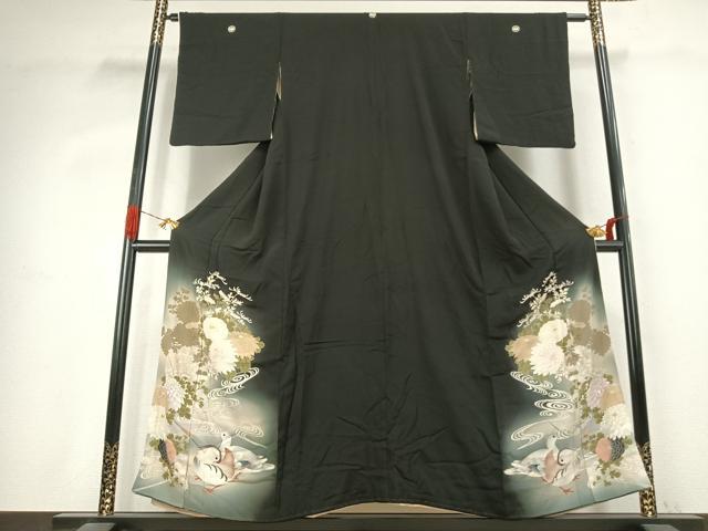 平和屋着物●アンティーク 大正ロマン 黒留袖 刺繍 花鳥文 暈し染め 正絹 逸品 AABK1267fy
