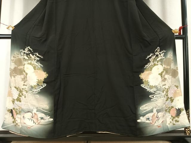 平和屋着物●アンティーク 大正ロマン 黒留袖 刺繍 花鳥文 暈し染め 正絹 逸品 AABK1267fy