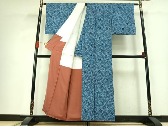 平和屋着物●上質な小紋 藍 型染め 玩具花文 正絹 逸品 AABK1284fy
