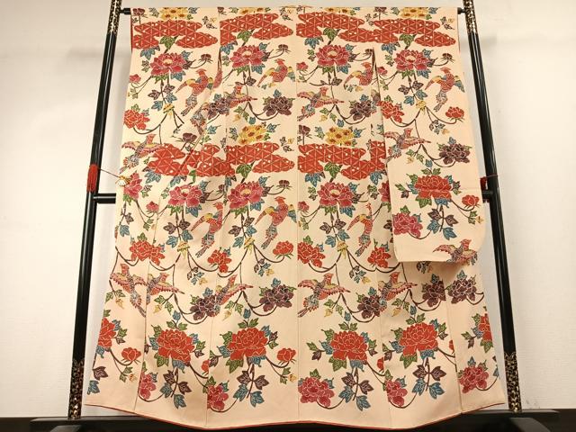 平和屋着物●豪華振袖 型染め 花鳥文 鬼しぼ縮緬 正絹 逸品 AABK1287fy
