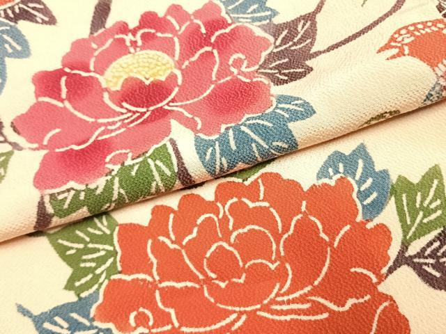 平和屋着物●豪華振袖 型染め 花鳥文 鬼しぼ縮緬 正絹 逸品 AABK1287fy