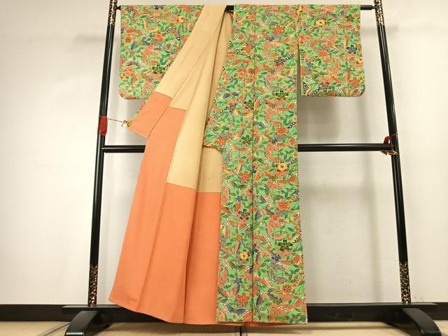 平和屋着物●上質な小紋 型染め 花蝶文 正絹 逸品 AABK1289fy