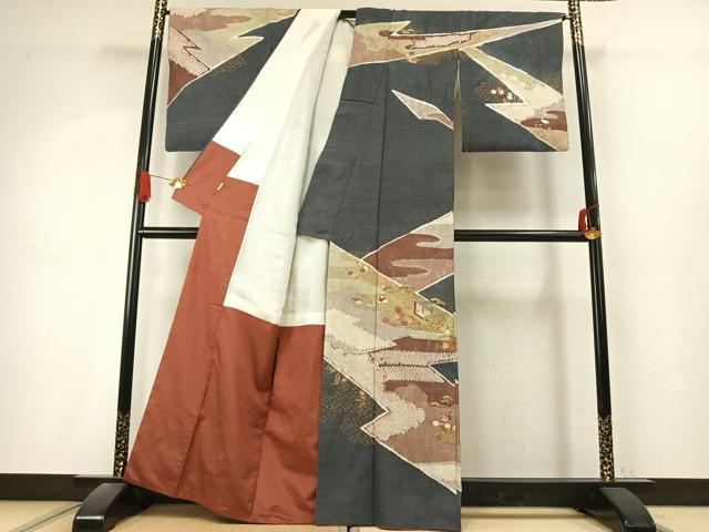 平和屋着物●訪問着 紬地 絞り 刺繍 松竹梅 花鳥文 金糸 金彩 ますいわ屋扱い 正絹 逸品 AABK1298fy