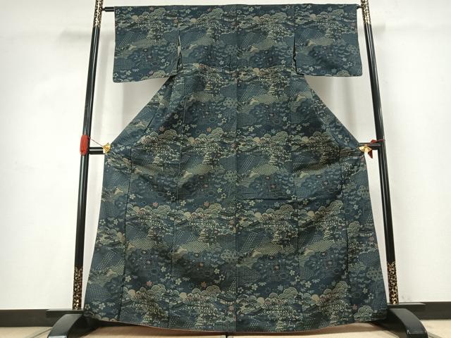 平和屋着物●上質な小紋 紬地 藍 型染め 風景花文 正絹 逸品 AABK1300fy