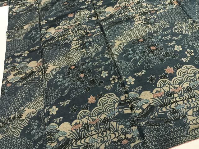 平和屋着物●上質な小紋 紬地 藍 型染め 風景花文 正絹 逸品 AABK1300fy