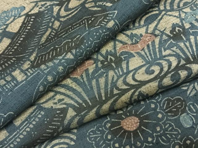平和屋着物●上質な小紋 紬地 藍 型染め 風景花文 正絹 逸品 AABK1300fy