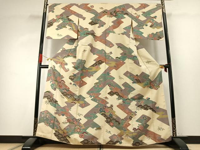 平和屋着物●訪問着 紬地 型染め 松竹梅 正絹 逸品 AABK1305fy