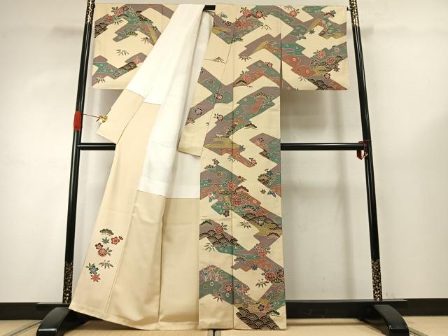平和屋着物●訪問着 紬地 型染め 松竹梅 正絹 逸品 AABK1305fy