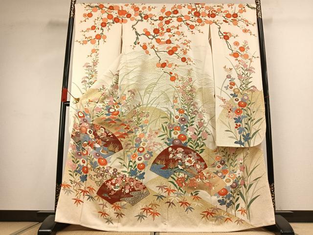 平和屋着物●豪華振袖 駒刺繍 地紙花鳥文 金彩 正絹 逸品 AABK1339fy