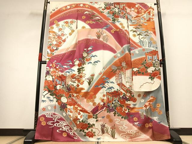平和屋着物●豪華振袖 駒刺繍 松竹梅 御所車花文 暈し染め 金彩 正絹 逸品 AABK1355fy