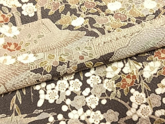 平和屋着物●訪問着 風景花文 鬼しぼ縮緬 反端付き 正絹 逸品 AABK1369fy
