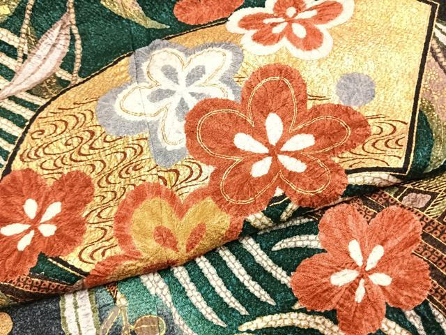 平和屋着物●豪華振袖 地紙花文 暈し染め 金彩 正絹 逸品 AABK1374fy