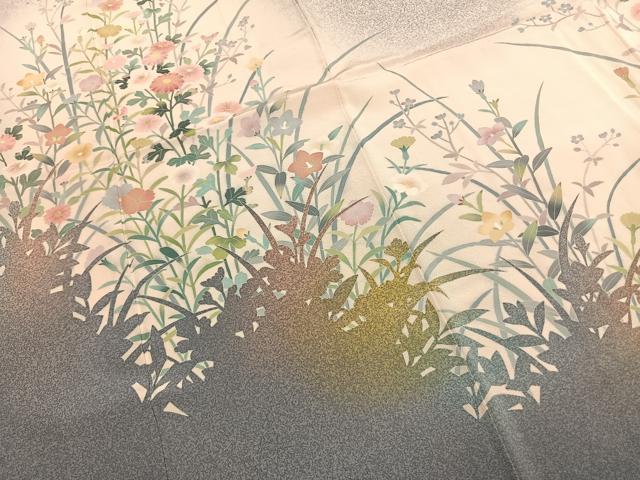 平和屋着物●訪問着 友禅 草花文 シルエット 暈し染め 正絹 逸品 AABK1375fy