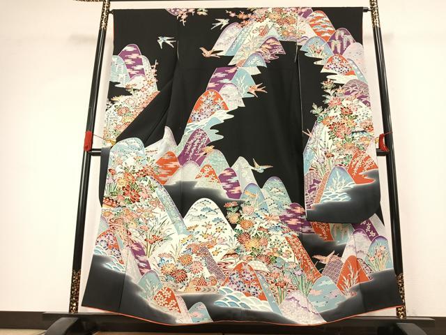 平和屋着物●豪華振袖 型染め 花鳥文 暈し染め 黒地 正絹 逸品 AABK1387fy