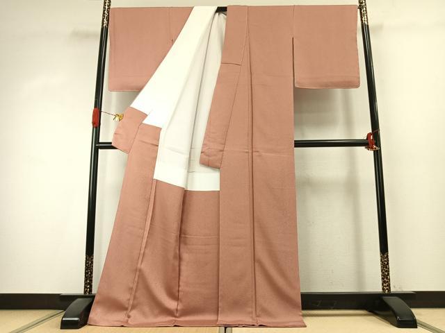 平和屋着物●上質な色無地 霞地紋 ときがら茶色 ロング丈 正絹 逸品 未使用 AABK1407fy