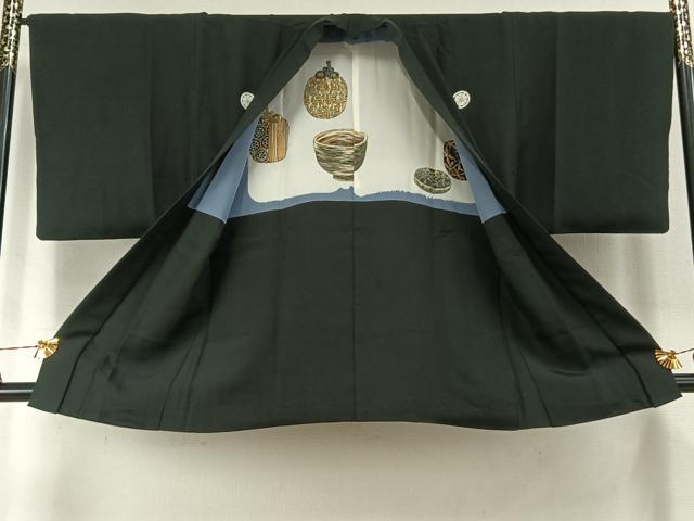 平和屋着物●男性 黒紋付 羽織セット 正絹 逸品 AABK1409fy