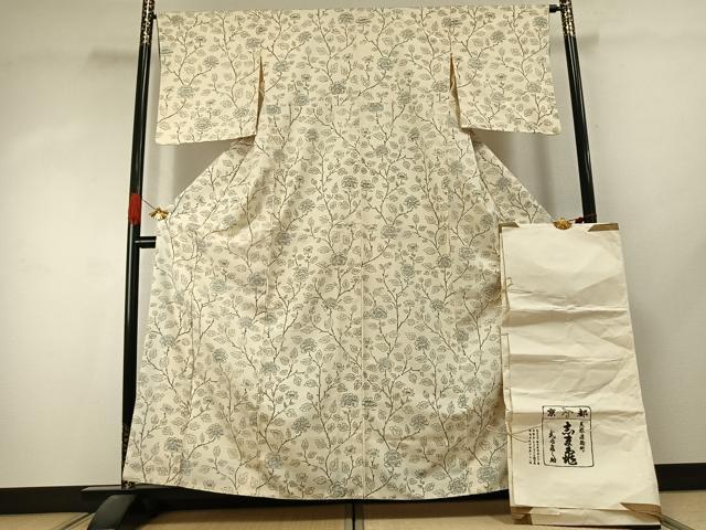 平和屋着物●銀座 志ま亀 小紋 紬地 枝花文 たとう紙付き 正絹 逸品 AABK1415fy