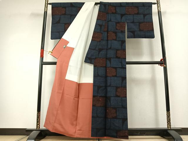 平和屋着物●結城紬 80亀甲 市松花文 正絹 逸品 AABK1421fy